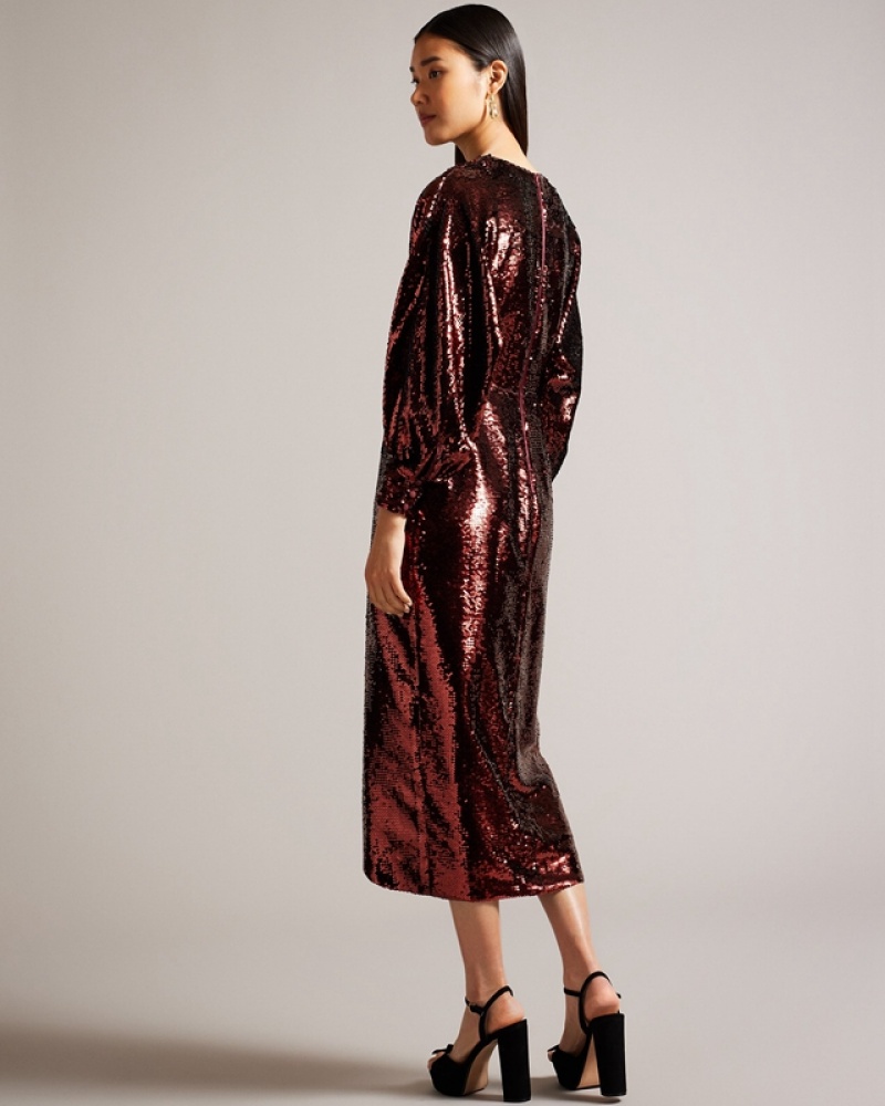 Ted Baker Emaleee Plunge Neck Sequin Midi Women's Dress Coffee | 609175-UAR