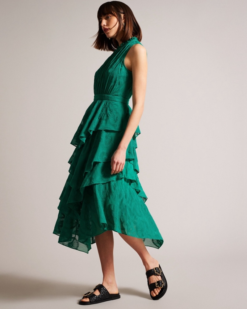 Ted Baker Floryah Embroidered Midi with Tiered Women's Dress Green | 761239-AXT