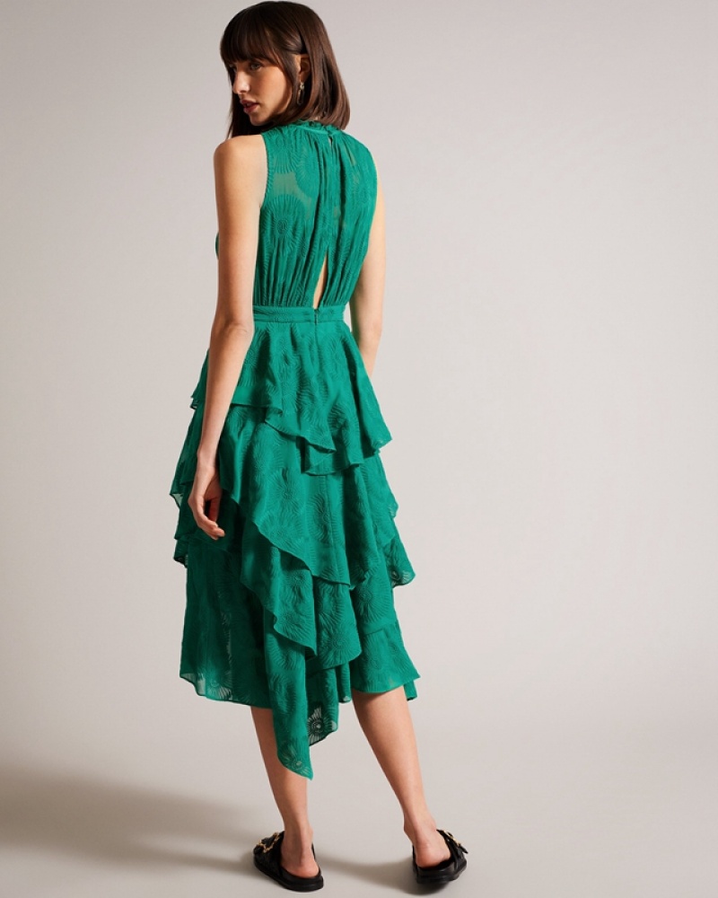 Ted Baker Floryah Embroidered Midi with Tiered Women's Dress Green | 761239-AXT