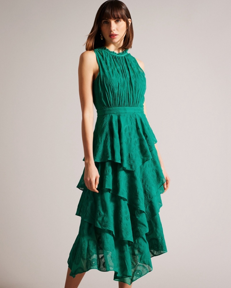 Ted Baker Floryah Embroidered Midi with Tiered Women\'s Dress Green | 761239-AXT