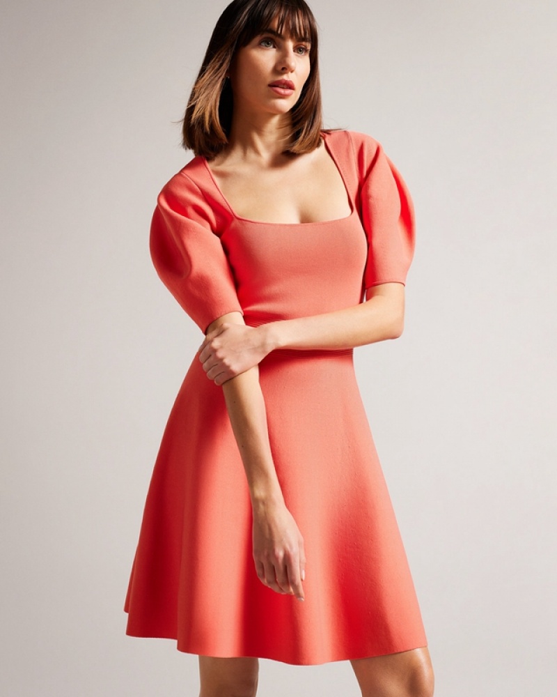 Ted Baker Hayliy Sleeve Detailed Skater Women's Dress Coral | 389175-ZHF