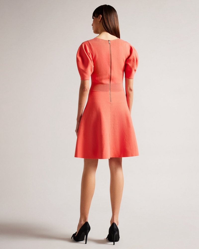 Ted Baker Hayliy Sleeve Detailed Skater Women's Dress Coral | 389175-ZHF