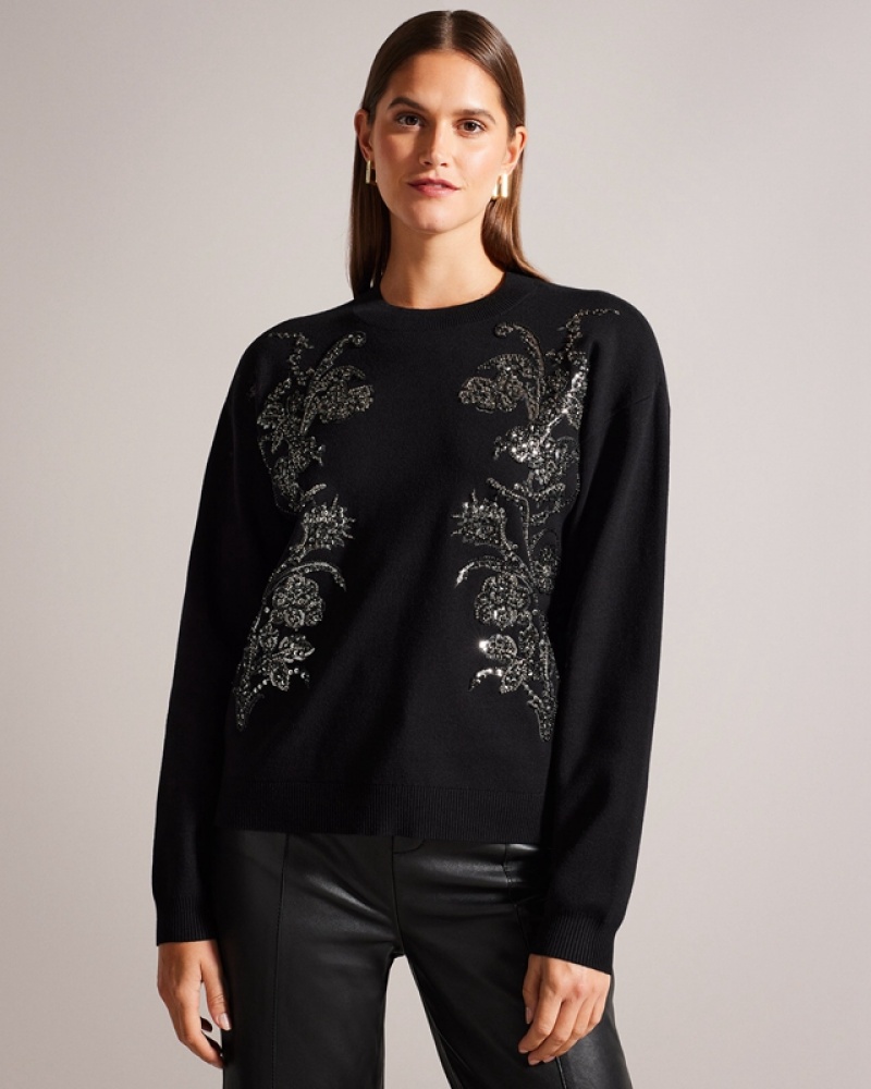 Ted Baker Hazlie Embellished Women\'s Sweaters Black | 195036-WGS