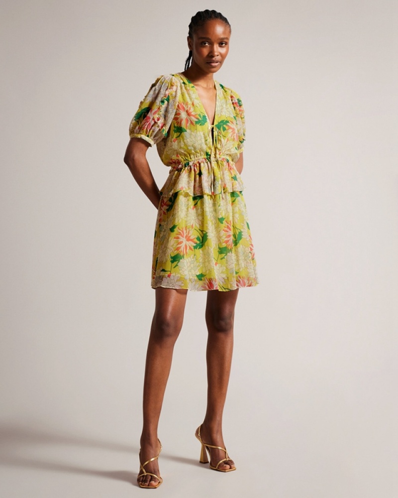 Ted Baker Isbella Mini with Puff Sleeves Women\'s Dress Yellow | 075138-ROP