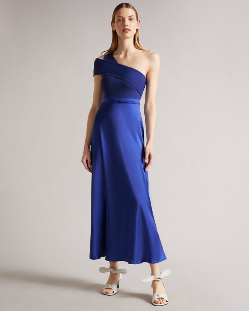 Ted Baker Ivena Asymmetric Knit Bodice Drs with Satin Women\'s Dress Blue | 751469-QEY