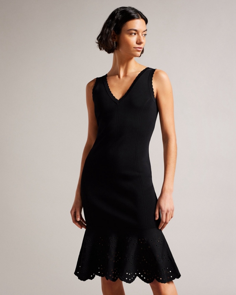 Ted Baker Juliann Broderie Stitch Midi Knit Women's Dress Black | 457698-TND