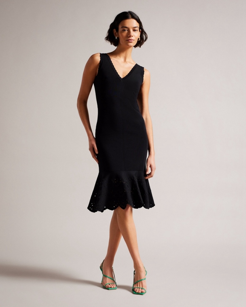 Ted Baker Juliann Broderie Stitch Midi Knit Women\'s Dress Black | 457698-TND