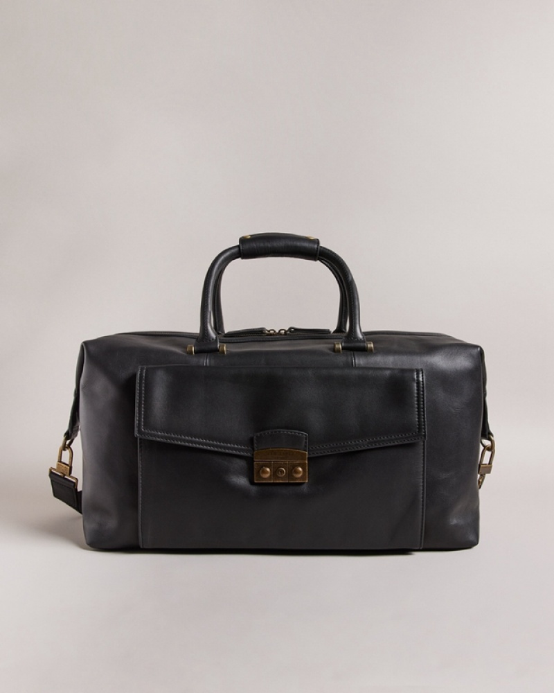 Ted Baker Kalsin Trunk Lock Leather Men\'s Duffle Bags Black | 512389-GXI