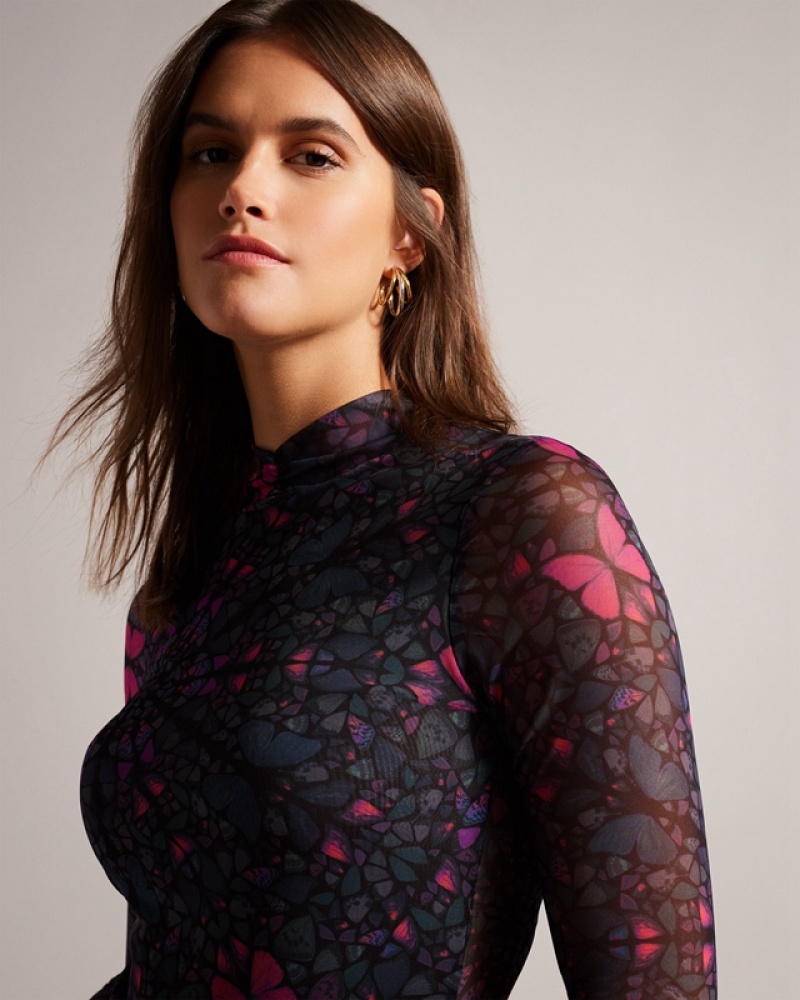 Ted Baker Kamill Mesh Fitted with High Neck Women's Tops Black | 246150-MPF