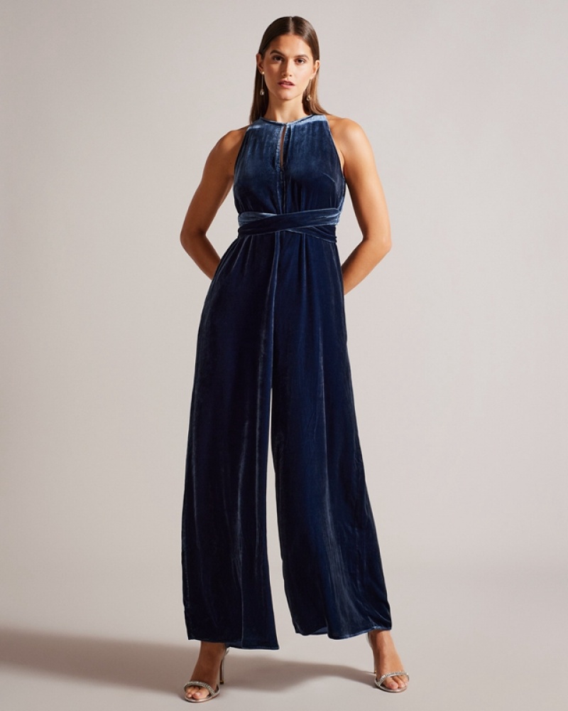 Ted Baker Libbiey Halterneck with Wrap Bodice Women\'s Jumpsuit Navy | 658307-VPR