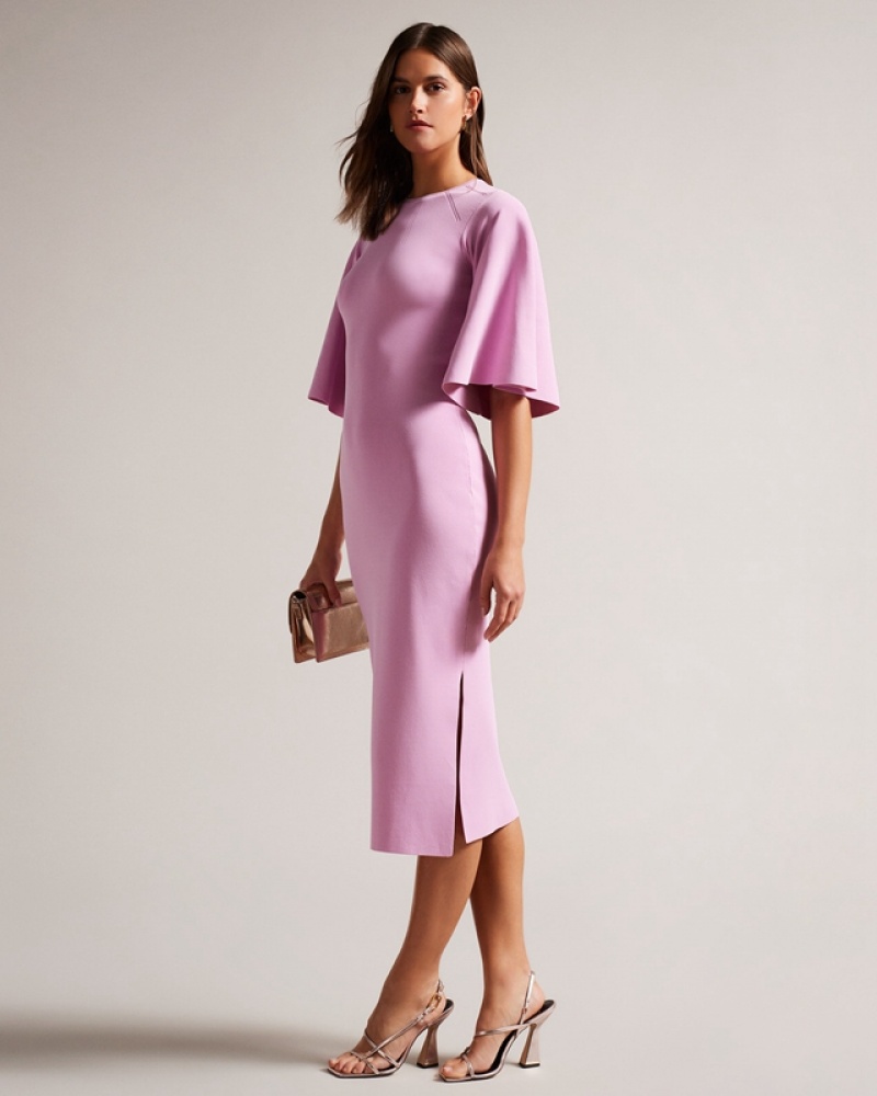 Ted Baker Lounia Fluted Sleeve Knitted Bodycon Midi Women's Dress Purple | 164380-AOS