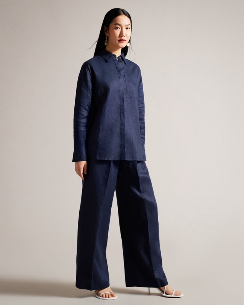 Ted Baker Lucihh Linen Women\'s Pants Navy | 406295-JIE