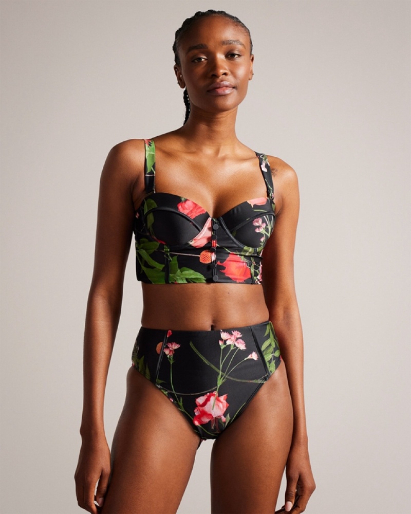 Ted Baker Lusiye Printed Longline Women's Bikini Tops Black | 325768-EPZ