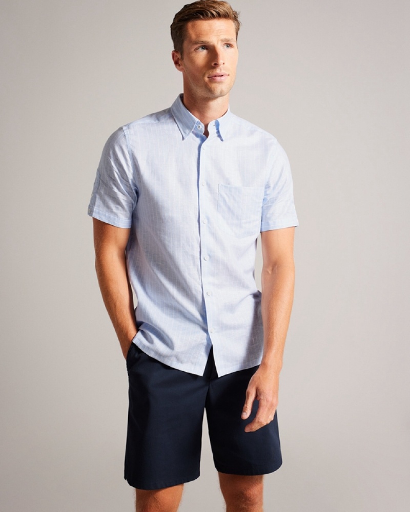 Ted Baker Lytham Short Sleeve Linen Stripe Men's Shirts Blue | 650982-SDY