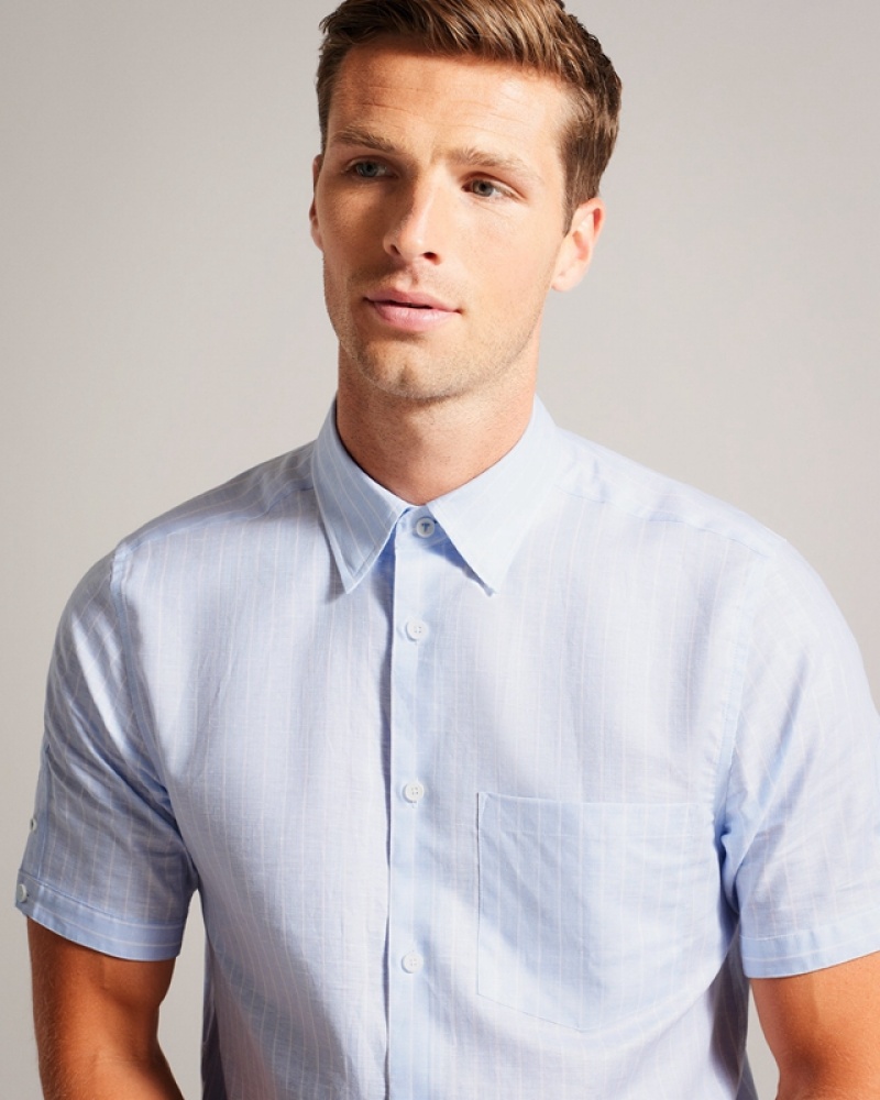 Ted Baker Lytham Short Sleeve Linen Stripe Men\'s Shirts Blue | 650982-SDY