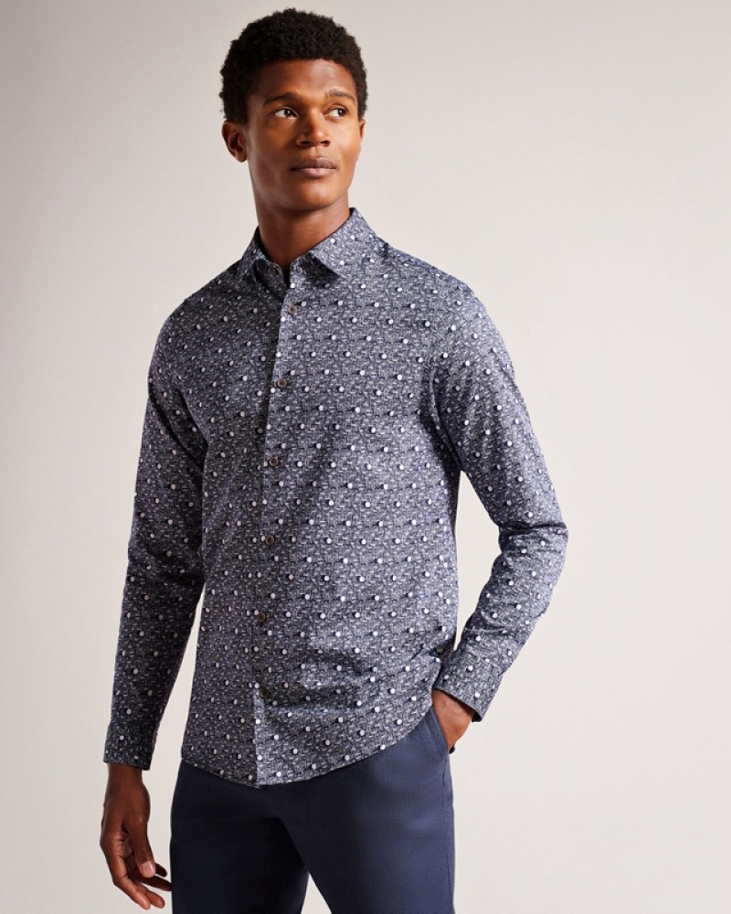 Ted Baker Maccle LS Spot Print Men\'s Shirts Navy | 640518-GMO