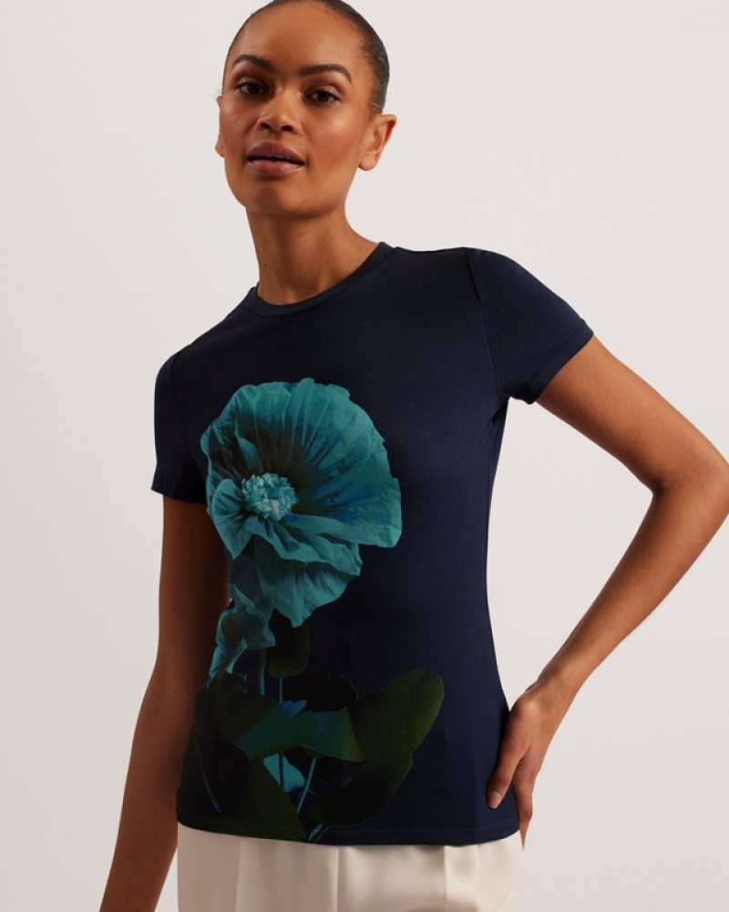 Ted Baker Meridi Printed Fitted Women\'s T Shirts Navy | 806149-AVQ