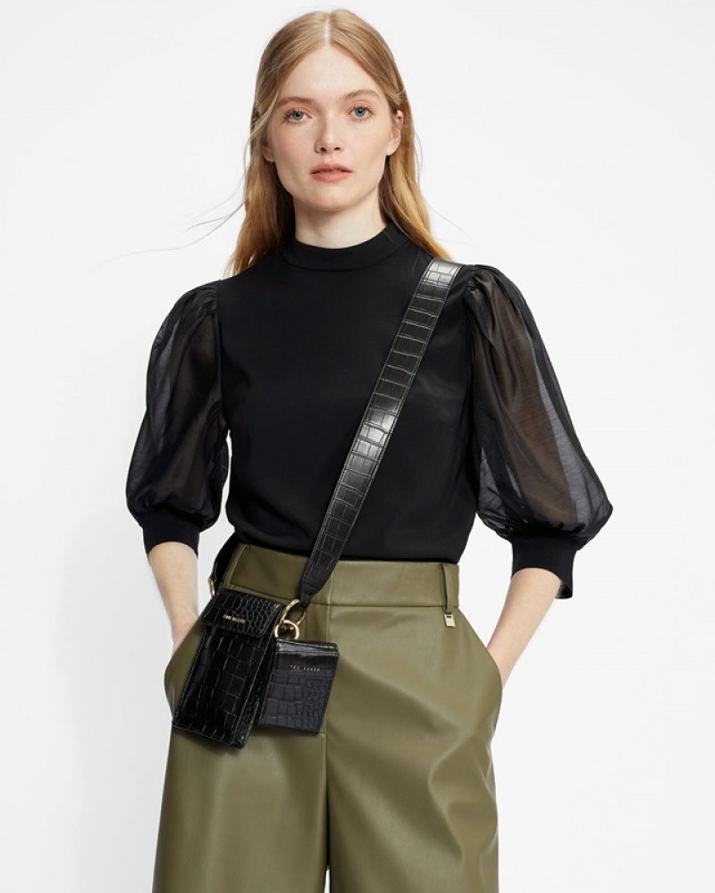 Ted Baker Micaeli Organza Volume Sleeve Women's Tops Black | 140529-DYA