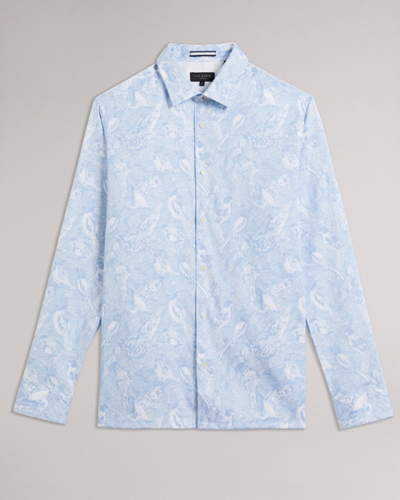 Ted Baker Mullen LS Hand Drawn Bird Print Men's Shirts Blue | 372648-MHY