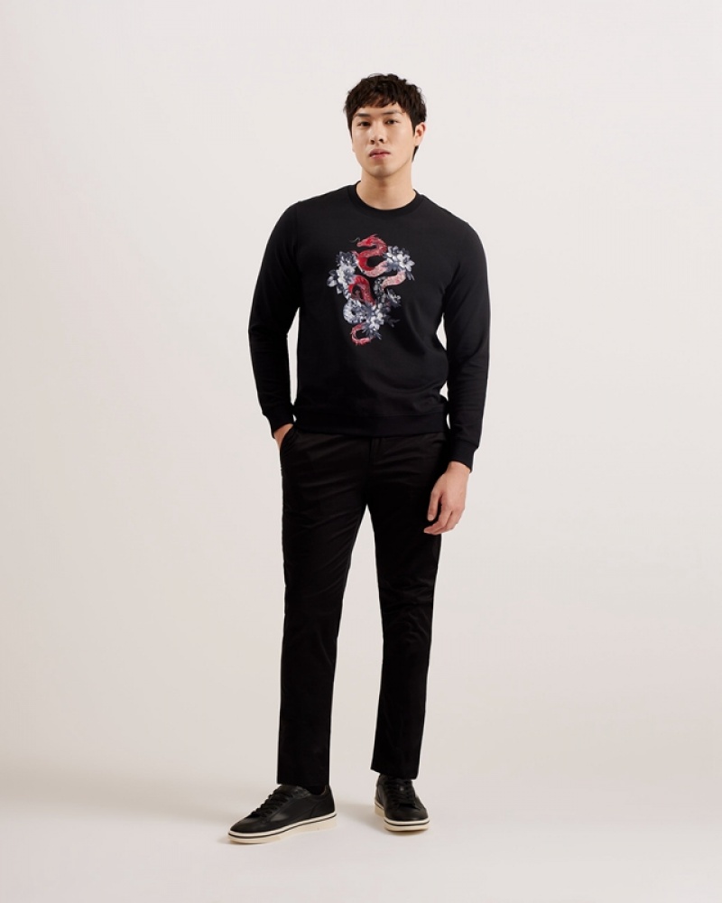 Ted Baker Newyar LS Regular Graphic Men\'s Sweatshirts Black | 319687-UQL