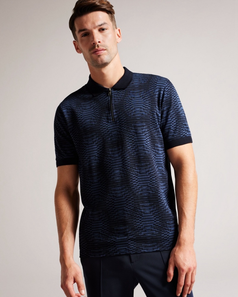 Ted Baker Ono SS Jacquard Distorted Spot Men's Polo Shirt Navy | 208794-RUW