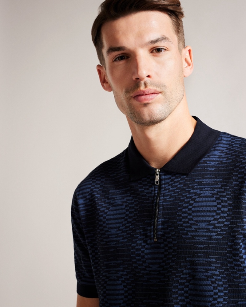 Ted Baker Ono SS Jacquard Distorted Spot Men's Polo Shirt Navy | 208794-RUW