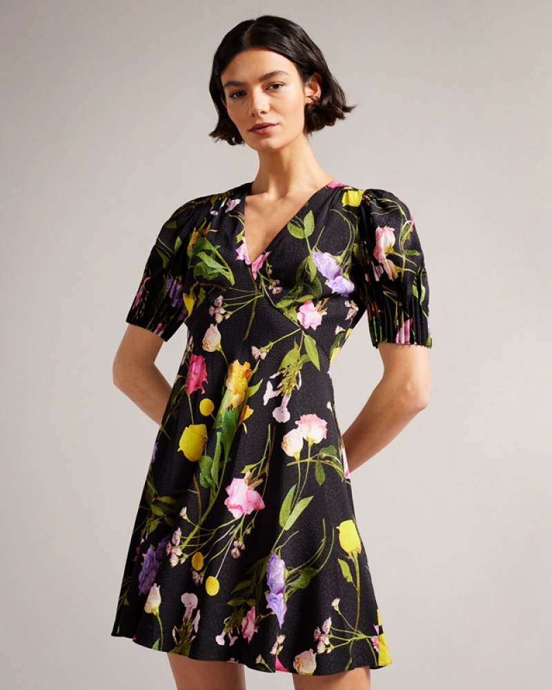 Ted Baker Opallie Mini Puff Sleeve Tea Women's Dress Black | 712498-ALI