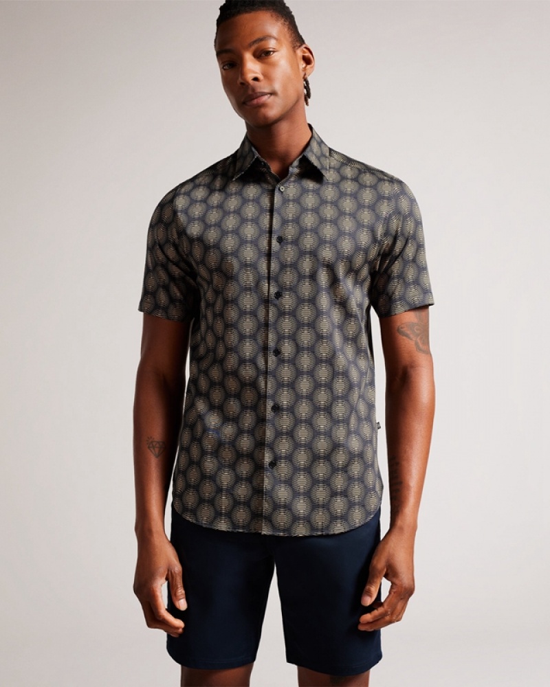 Ted Baker Pearsho Short Sleeve Circle Geo Men's Shirts Navy | 687219-MLB