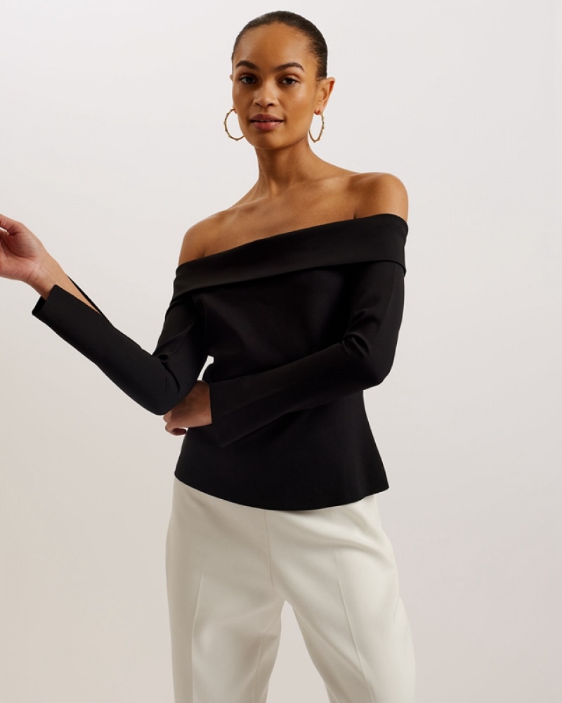 Ted Baker Phollyy Off The Shoulder Fitted Women's Tops Black | 413852-LPQ