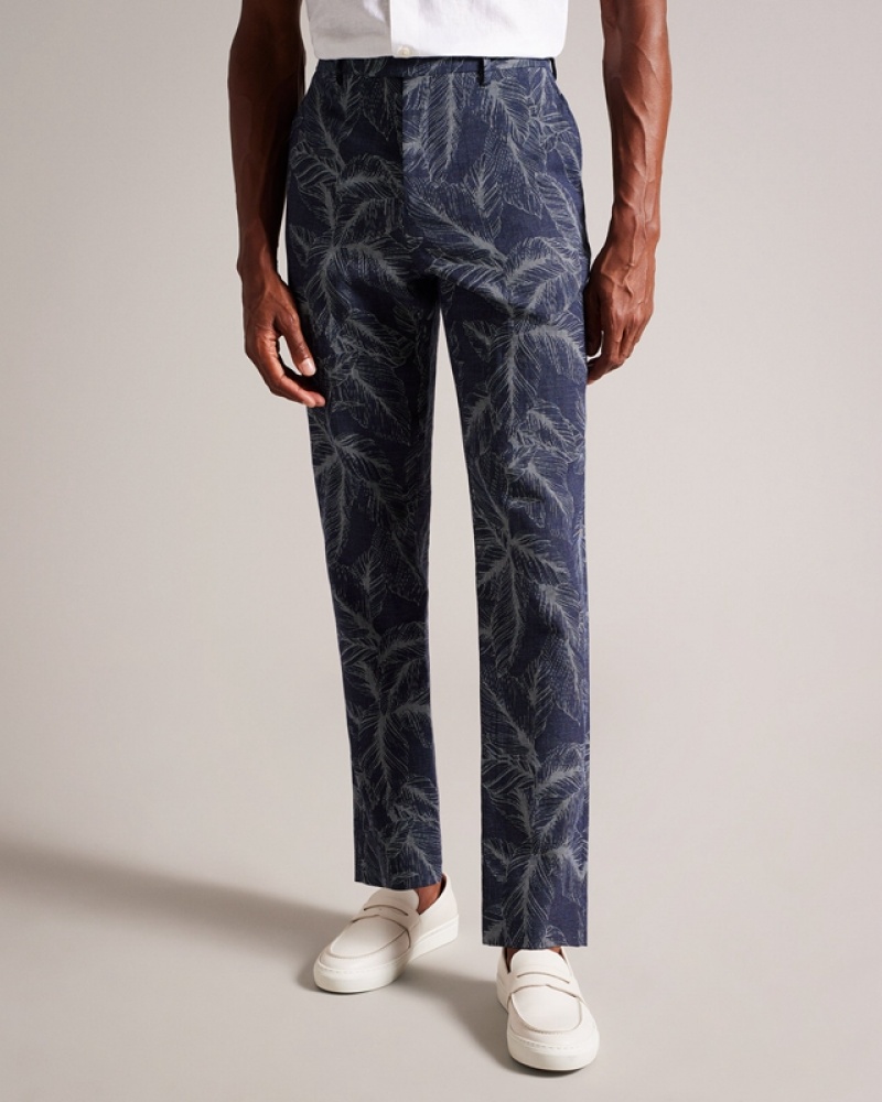 Ted Baker Postot Cotton Linen Printed Men's Pants Navy | 510462-VPN