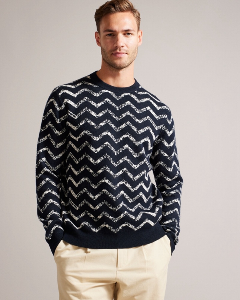 Ted Baker Sesil LS Zig Zag Jacquard Crew Neck Men's Sweaters Navy | 432196-GEC