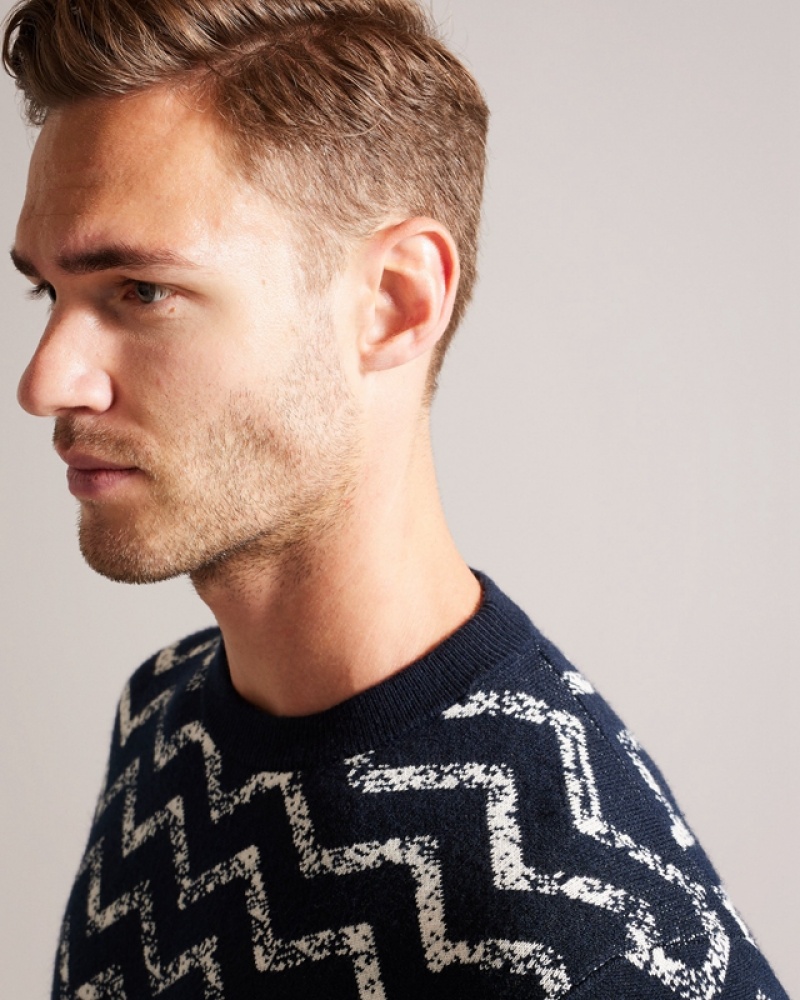 Ted Baker Sesil LS Zig Zag Jacquard Crew Neck Men's Sweaters Navy | 432196-GEC