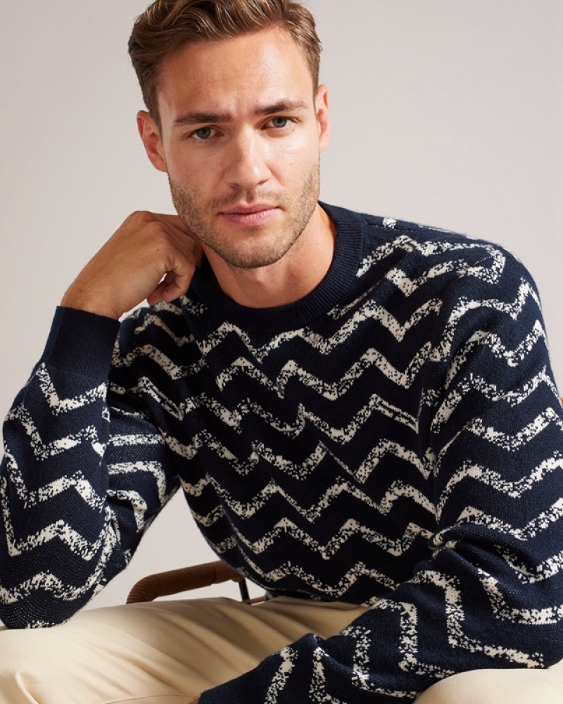 Ted Baker Sesil LS Zig Zag Jacquard Crew Neck Men\'s Sweaters Navy | 432196-GEC