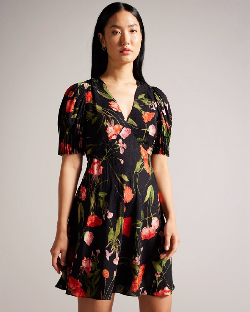 Ted Baker Sienno Mini Puff Sleeve Tea Women's Dress Black | 081536-LMY