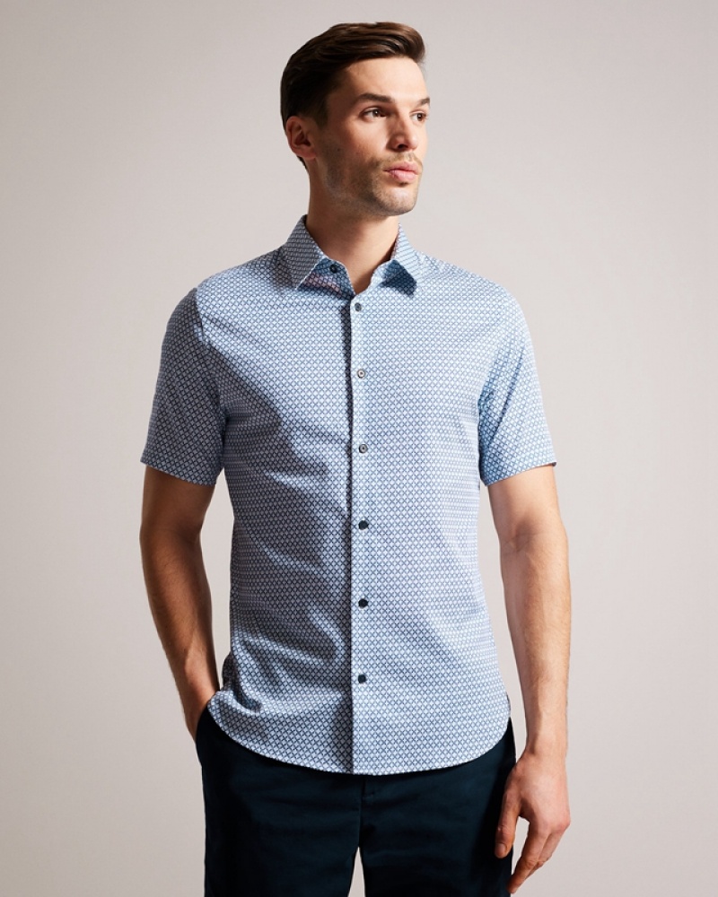 Ted Baker Strisho Short Sleeve Geo Print Men\'s Shirts Blue | 965138-IQY