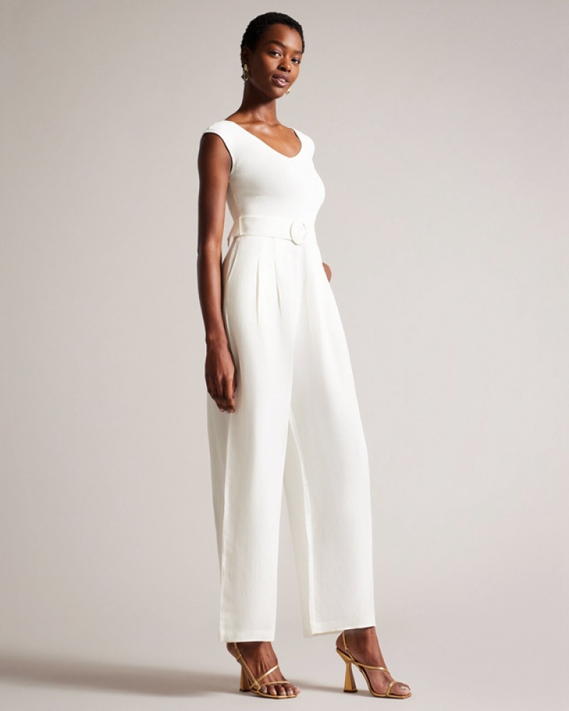 Ted Baker Tabbiaa Off The Shoulder Wide Leg Women\'s Jumpsuit White | 389640-SBE