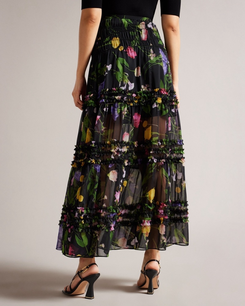 Ted Baker Thieaa Micro Ruffle Tiered Midaxi Women's Skirts Black | 629574-MYT