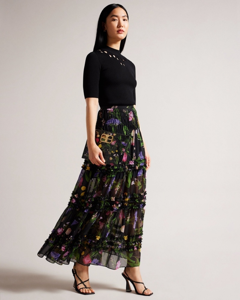 Ted Baker Thieaa Micro Ruffle Tiered Midaxi Women\'s Skirts Black | 629574-MYT