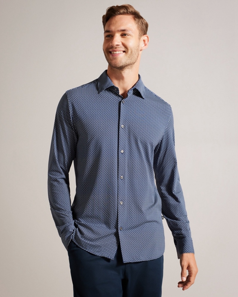 Ted Baker Velino LS Bi Stretch Geo Men\'s Shirts Navy | 852140-IKH