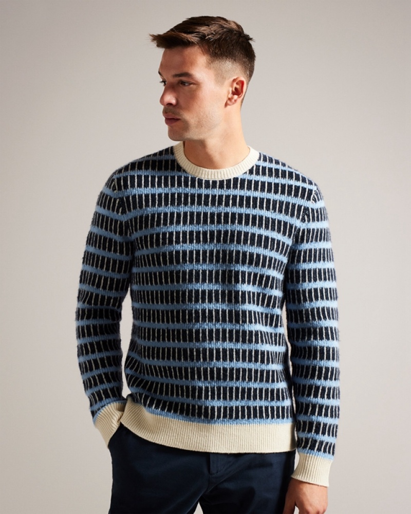 Ted Baker Waylen LS Textured Stripe Crew Neck Men's Sweaters Navy | 620835-MGK