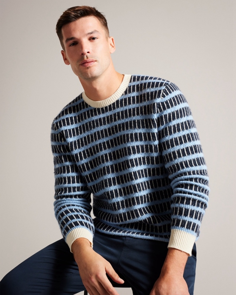 Ted Baker Waylen LS Textured Stripe Crew Neck Men's Sweaters Navy | 620835-MGK