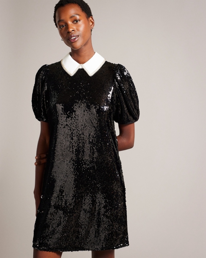 Ted Baker Zarell Sequin Shift with Puff Sleeves Women's Dress Black | 163845-IVF