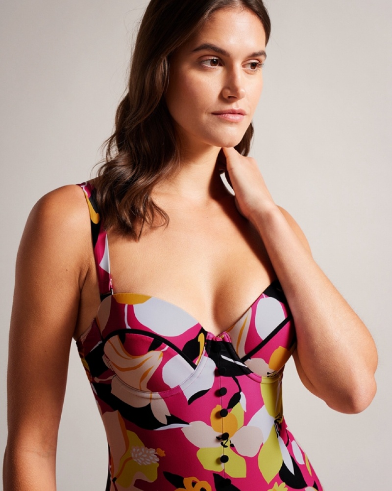 Ted Baker Zayly Cupped Costume with Button Detail Women's Swimsuits Beige | 140938-NLZ